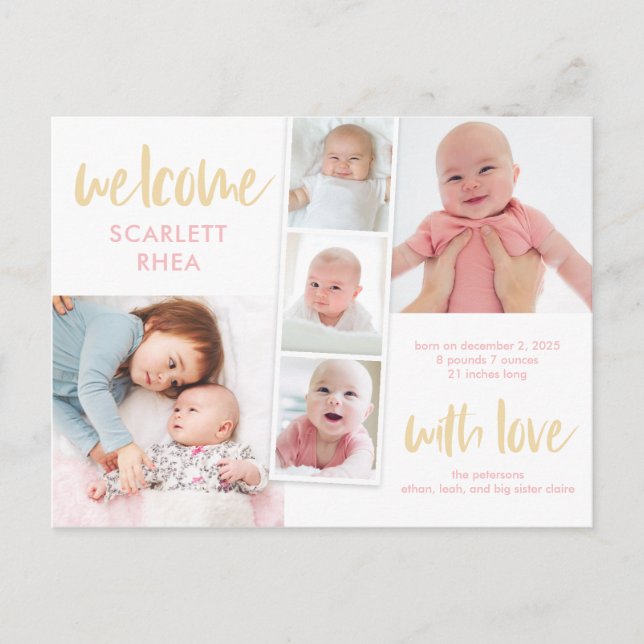 Scrapbook Love Editable Colour Birth Announcement Postcard (Front)