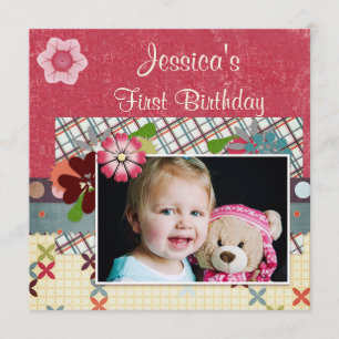 Scrapbook Style Girls' 1st Birthday Photo Invitation