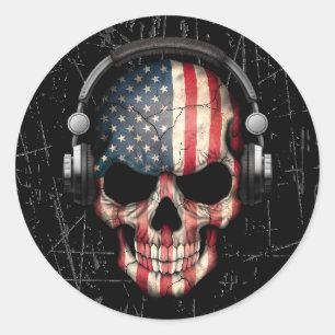 Scratched American Dj Skull with Headphones Classic Round Sticker