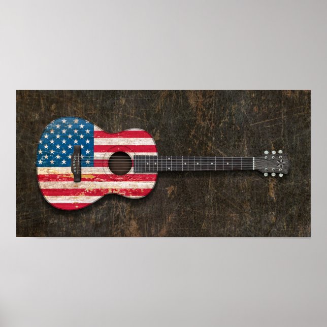 Scratched and Worn American Flag Acoustic Guitar Poster (Front)
