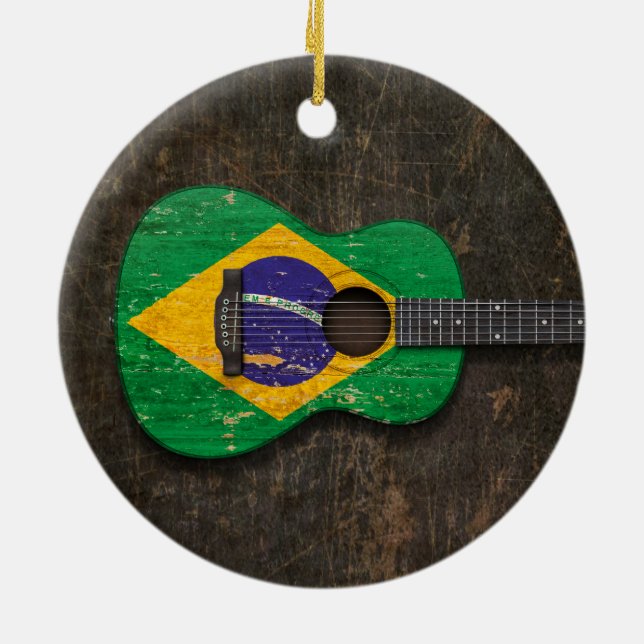 Scratched and Worn Brazilian Flag Acoustic Guitar Ceramic Ornament (Back)
