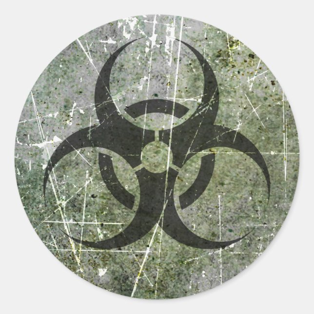 Scratched and Worn Grey and Black Biohazard Symbol Classic Round Sticker (Front)