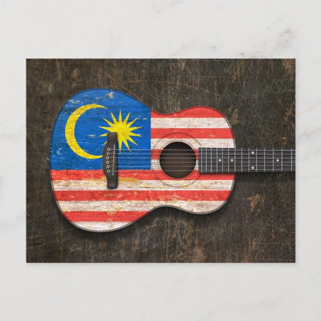 Scratched and Worn Malaysian Flag Acoustic Guitar Postcard (Front)