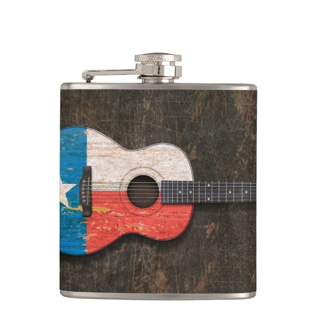 Scratched and Worn Texas Flag Acoustic Guitar Hip Flask (Front)