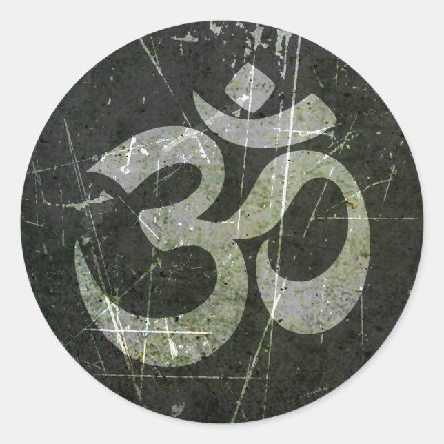 Scratched and Worn Yoga Om Symbol Classic Round Sticker (Front)