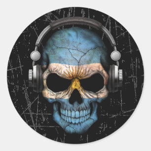 Scratched Argentine Dj Skull with Headphones Classic Round Sticker