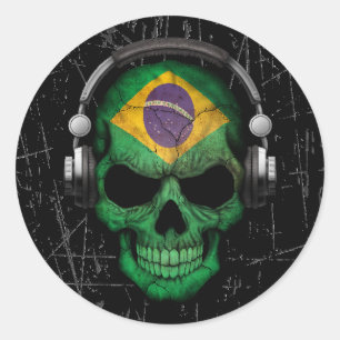 Scratched Brazilian Dj Skull with Headphones Classic Round Sticker