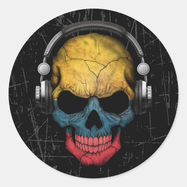 Scratched Colombian Dj Skull with Headphones Classic Round Sticker (Front)