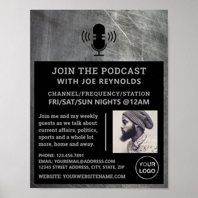Scratched Metal Effect, Podcaster, Podcast Advert Poster (Front)