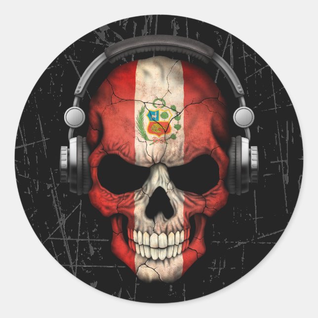 Scratched Peruvian Dj Skull with Headphones Classic Round Sticker (Front)