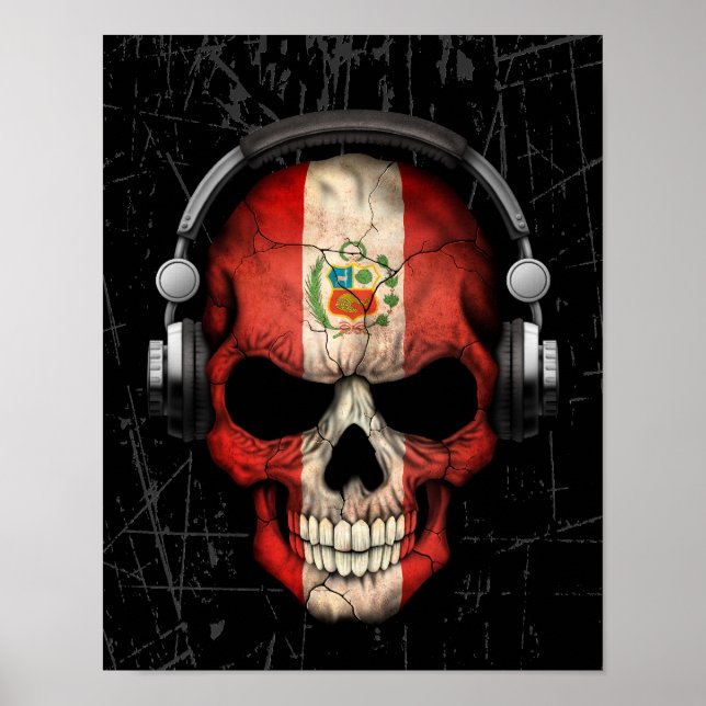 Scratched Peruvian Dj Skull with Headphones Poster (Front)
