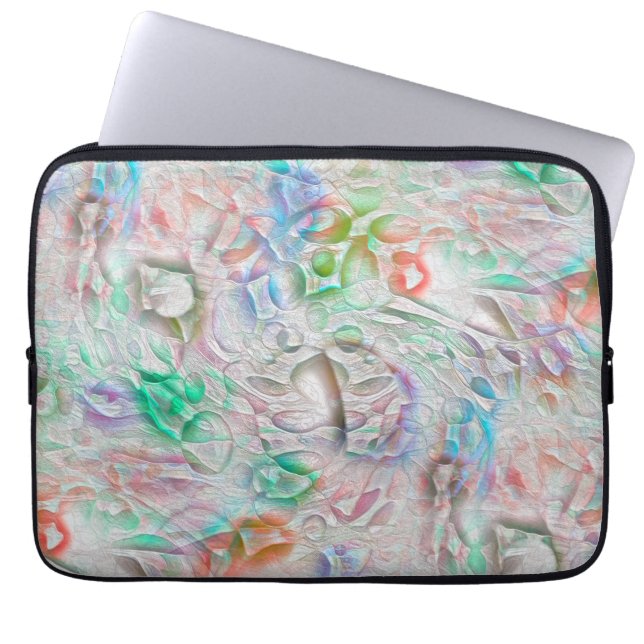 Scratched pixels in coloured texture over off-whit laptop sleeve (Front)