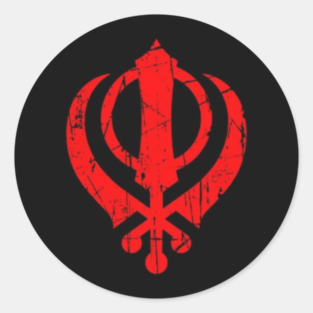 Scratched Red Sikh Khanda Symbol on Black Classic Round Sticker (Front)