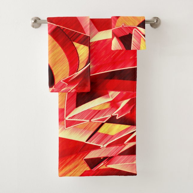Scratched red strip simulating movemen over orange bath towel set (Insitu)