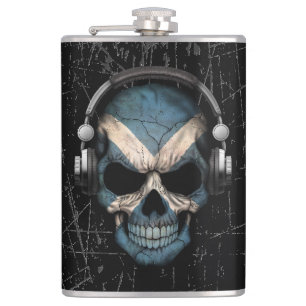 Scratched Scottish Dj Skull with Headphones Hip Flask