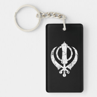 Scratched White Sikh Khanda Symbol on Black Key Ring