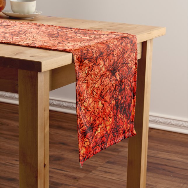 Scratches on a lightly spotted coral background short table runner (In Situ)