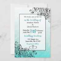 Scratchy Teal and Black Script Wedding Invitations