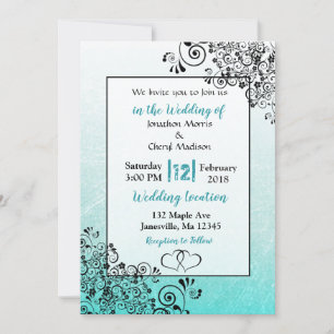 Scratchy Teal and Black Script Wedding Invitations