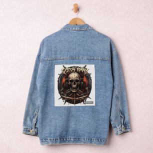Scray death metal t-shirt design on a white backg denim jacket
