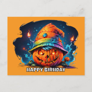 scray jackolantern with birthday hat pyschedelic holiday postcard