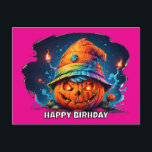 scray jackolantern with birthday hat pyschedelic holiday postcard<br><div class="desc">I thought up having a jack o lantern wearing a birthday hat with psychedelic colours and I liked this one. I put a stroke around the happy birthday text so it would show up better. All the text on the design is able to be edited. generativecontent.</div>