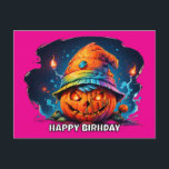 scray jackolantern with birthday hat pyschedelic holiday postcard<br><div class="desc">I thought up having a jack o lantern wearing a birthday hat with psychedelic colours and I liked this one. I put a stroke around the happy birthday text so it would show up better. All the text on the design is able to be edited. generativecontent.</div>