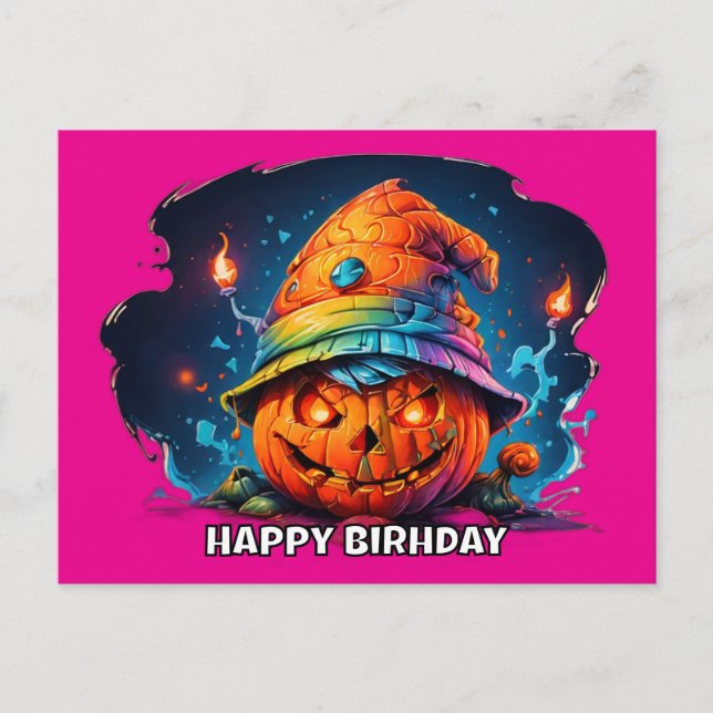 scray jackolantern with birthday hat pyschedelic holiday postcard (Front)