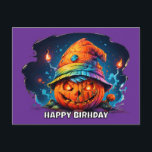 scray jackolantern with birthday hat pyschedelic postcard<br><div class="desc">I thought up having a jack o lantern wearing a birthday hat with psychedelic colours and I liked this one. I put a stroke around the happy birthday text so it would show up better. All the text on the design is able to be edited. generativecontent.</div>
