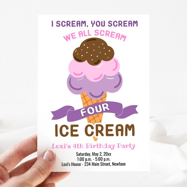Scream Four Ice Cream Girl 4th Birthday  Invitation (Ice Cream Birthday Invitation for a 4-year old girl: We all scream FOUR ice cream)