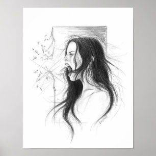 Screaming angry woman pencil drawing poster