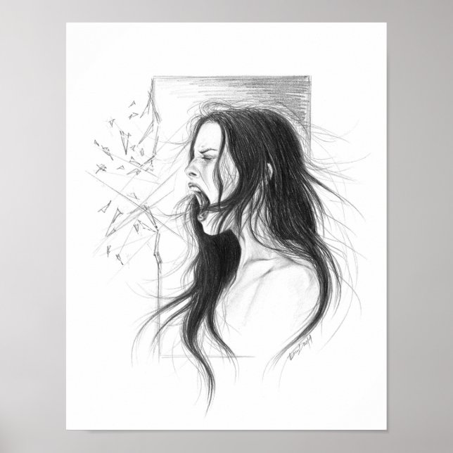 Screaming angry woman pencil drawing poster (Front)