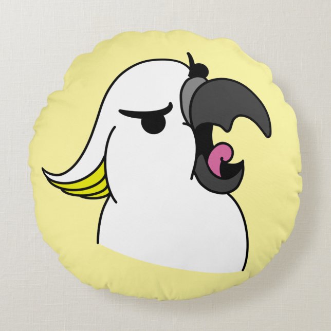 Screaming Cartoon Style Cockatoo With Text Round Cushion (Front)