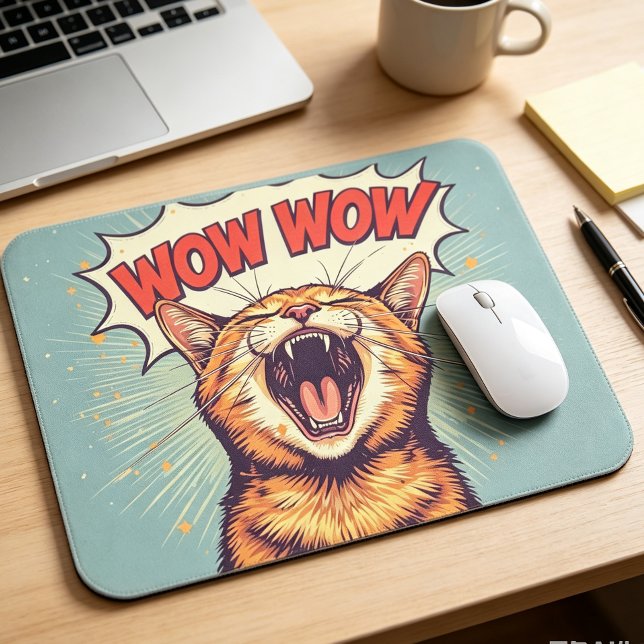 Screaming Cat Retro Pop Art Funny Office Mouse pad (Retro comic WOW orange cat office mouse pad, fun desk decor and gift for cat lovers.)
