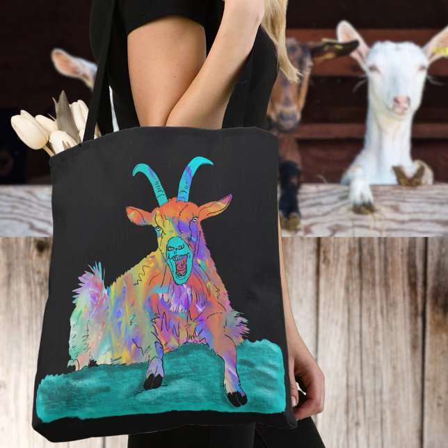 Screaming Goat Funny Colourful Illustration Tote Bag (Funny screaming goat tote bag colorful farm animal humor)