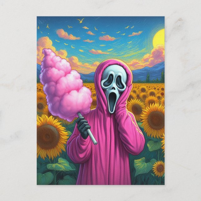 Screaming Holding Cotton Candy in Sunflower Field Postcard (Front)