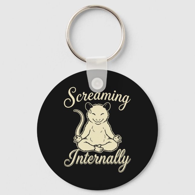 Screaming Internally Funny Meditating Yoga Opossum Key Ring (Front)