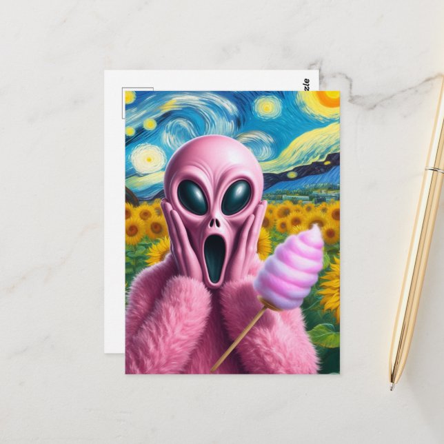 Screaming Pink Alien Fine Art Parody Postcard (Front/Back In Situ)