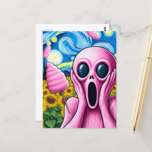 Screaming Pink Alien Sunflower Field Cotton Candy Postcard