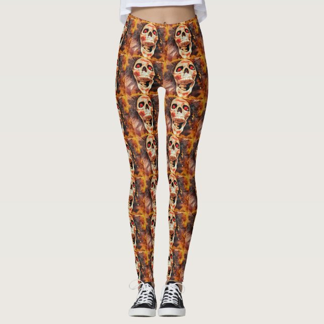 Screaming Skull Halloween Print Leggings (Front)