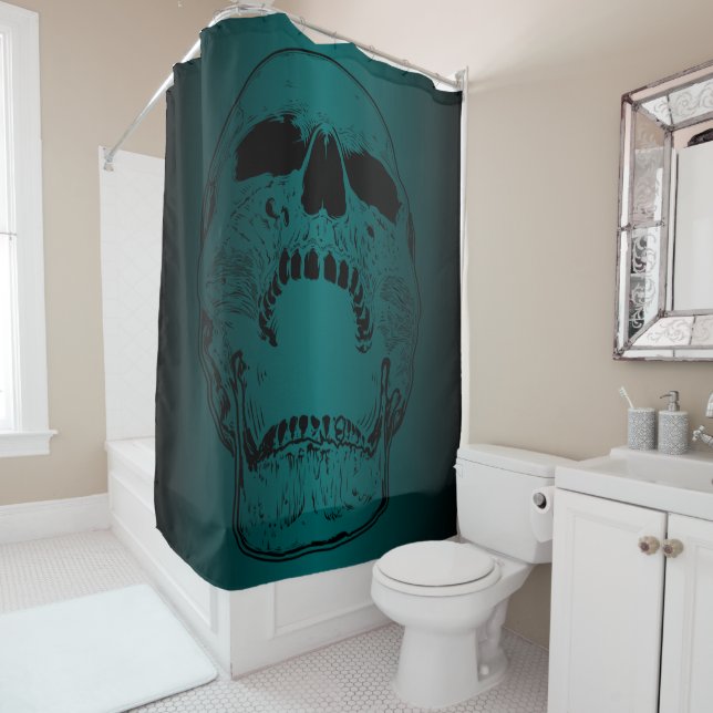 Screaming Skull- Teal and Black Skull Shower Curtain (In Situ)