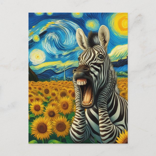 Screaming Zebra in a Faux Van Gogh Sunflower Field Postcard (Front)