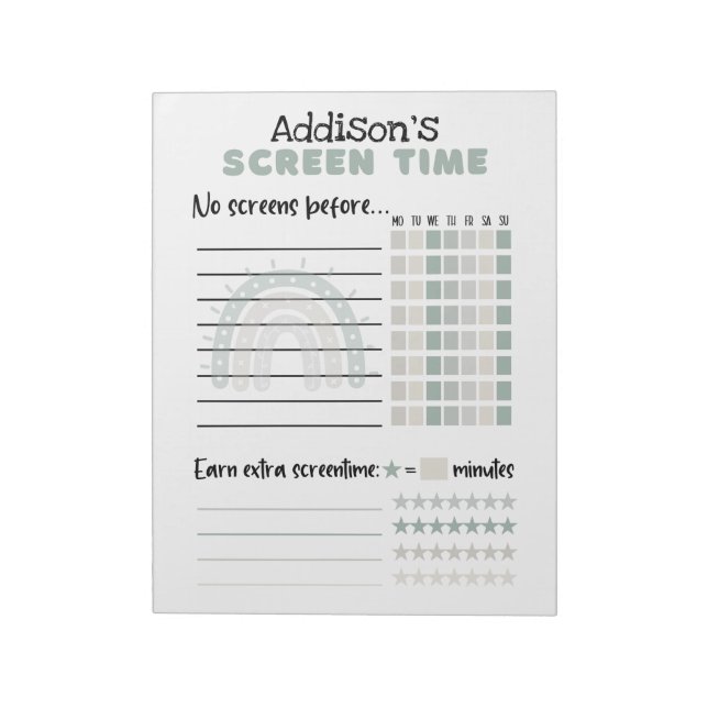 Screen time chart on tear-away notepad, with name notepad (Rotated)