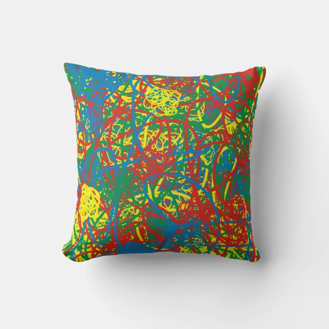 Scribble Art Messy Graffiti Green Blue Red Yellow Cushion (Front)