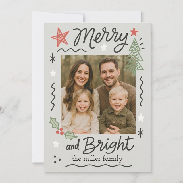 Scribble Doodle Merry & Bright Christmas Card (Front)