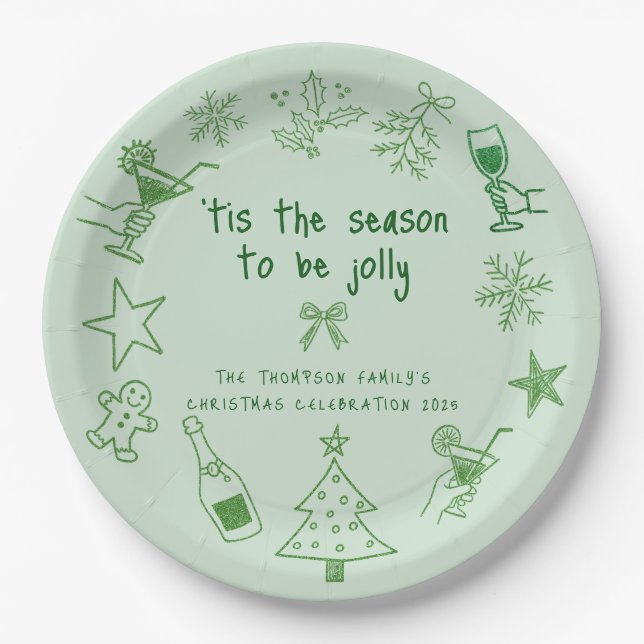 Scribble Doodles Glitter Green Christmas Party Paper Plate (Front)