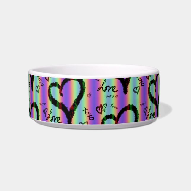 Scribble Love Heart Xoxo Stripe Ceramic Pet Bowl (Front)