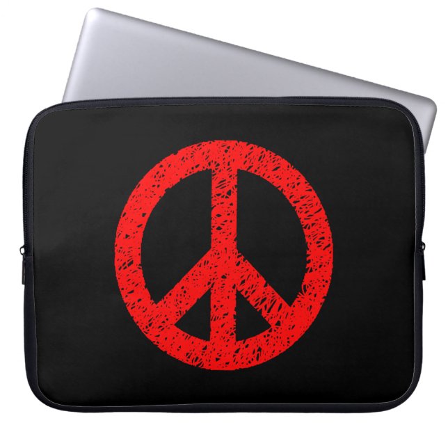Scribble Stencilled Peace Symbol - Red on Black Laptop Sleeve (Front)