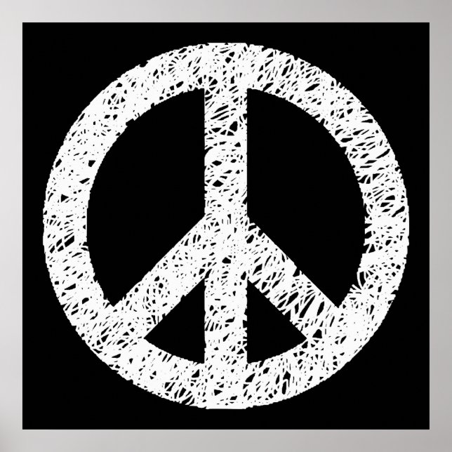 Scribble Stencilled Peace Symbol - White on Black Poster (Front)