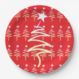 Scribble Tree + Star Christmas Holiday Red Paper Plate